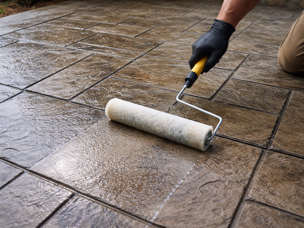 A gloved hand rolls clear acrylic sealer onto textured stamped concrete, creating an even wet sheen.