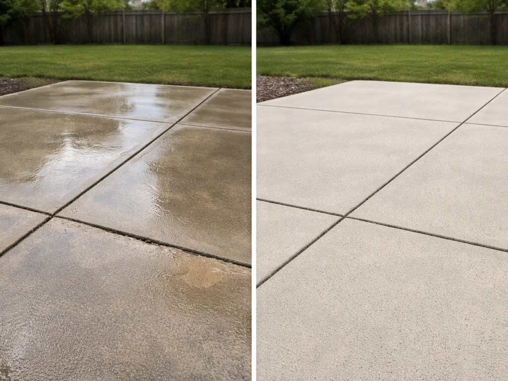 Split view of a concrete patio: wet right after pressure washing vs dry, clean surface ready for sealing.