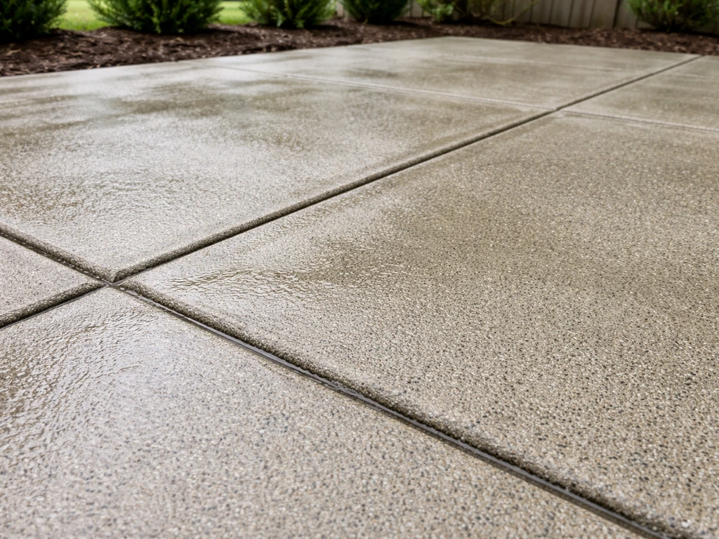 Concrete patio drying after pressure washing, showing damp spots and texture in daylight