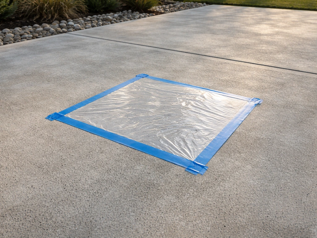 Plastic sheet moisture test on a concrete patio with taped edges to check trapped moisture