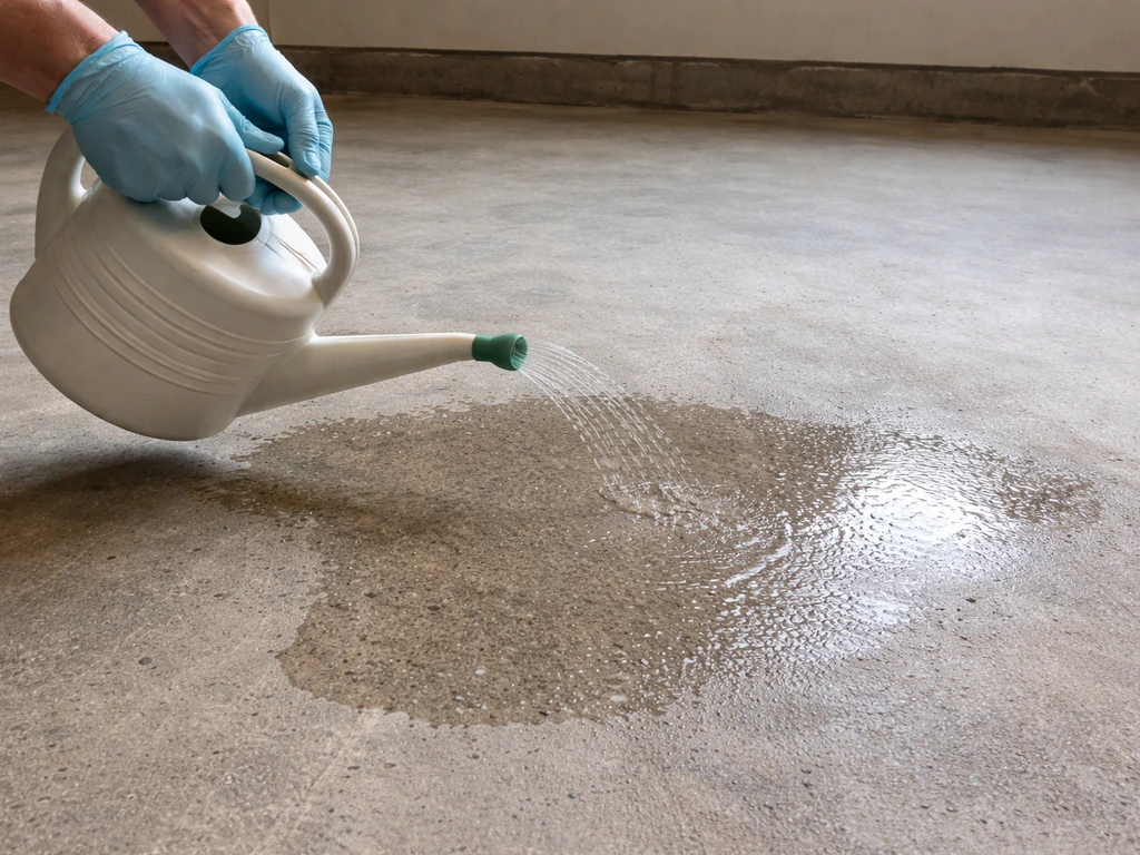 Gloved hands pour neutralizer onto a bare concrete slab, leaving a wet treated surface.