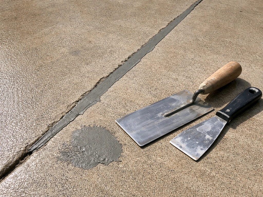 Close-up of a pressure-washed concrete patio with a freshly filled crack and smoothed spalled patch, tools nearby.
