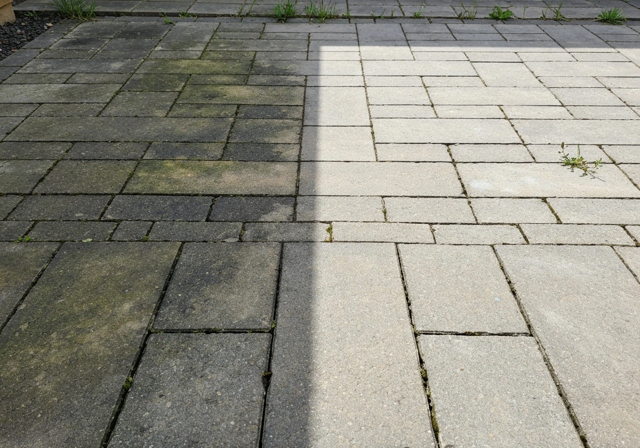 Outdoor stone paver patio with algae-darkened area next to freshly cleaned bright pavers for clear before/after.
