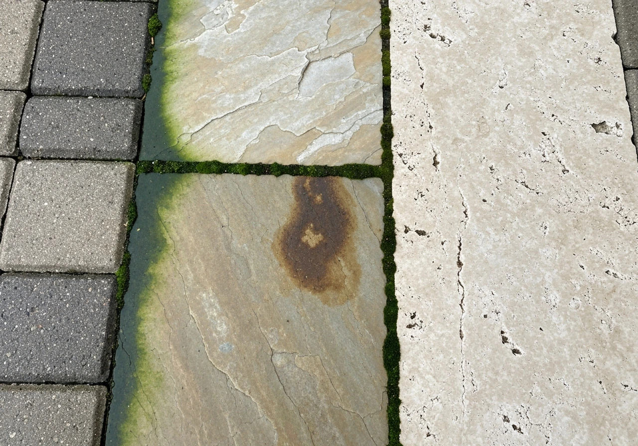 Minimal patio stone close-up showing algae, mildew, and moss on different paver and stone types.