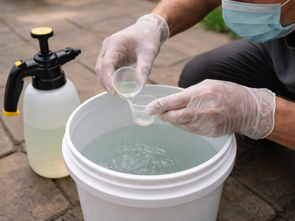 Gloved hands measuring bleach into a bucket of water, with a sprayer ready for application