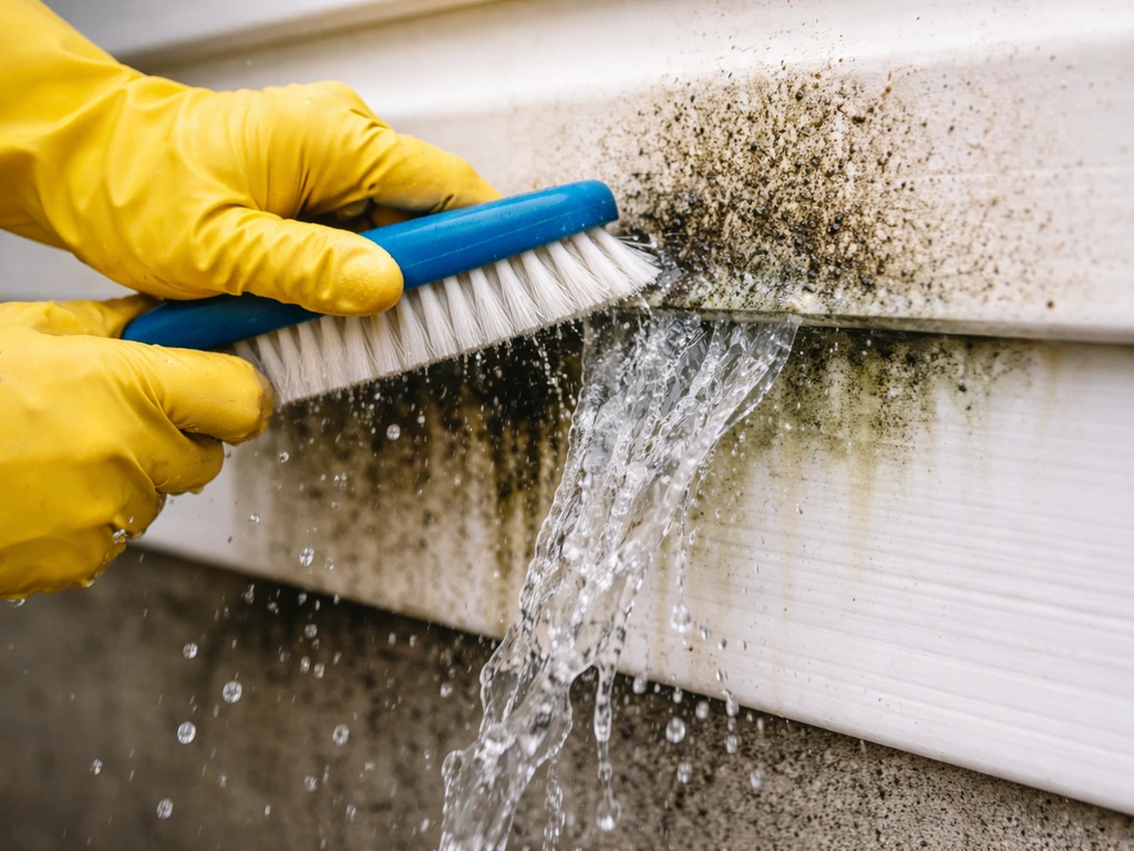 Gloved hands scrubbing and then rinsing away moldy grime from a small outdoor surface area.