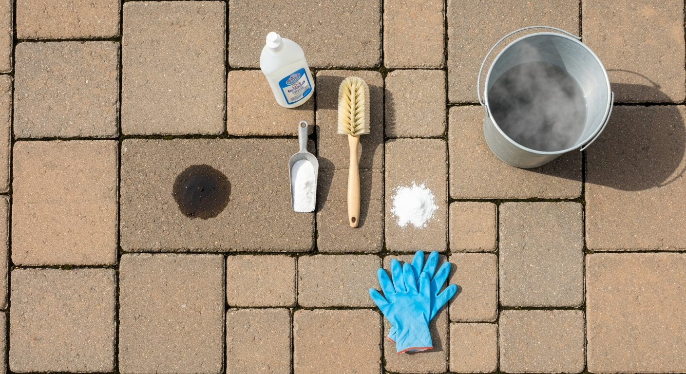 Overhead view of a patio slab with a grease stain and cleaning tools (dish soap, brush, bucket, absorbent powder).