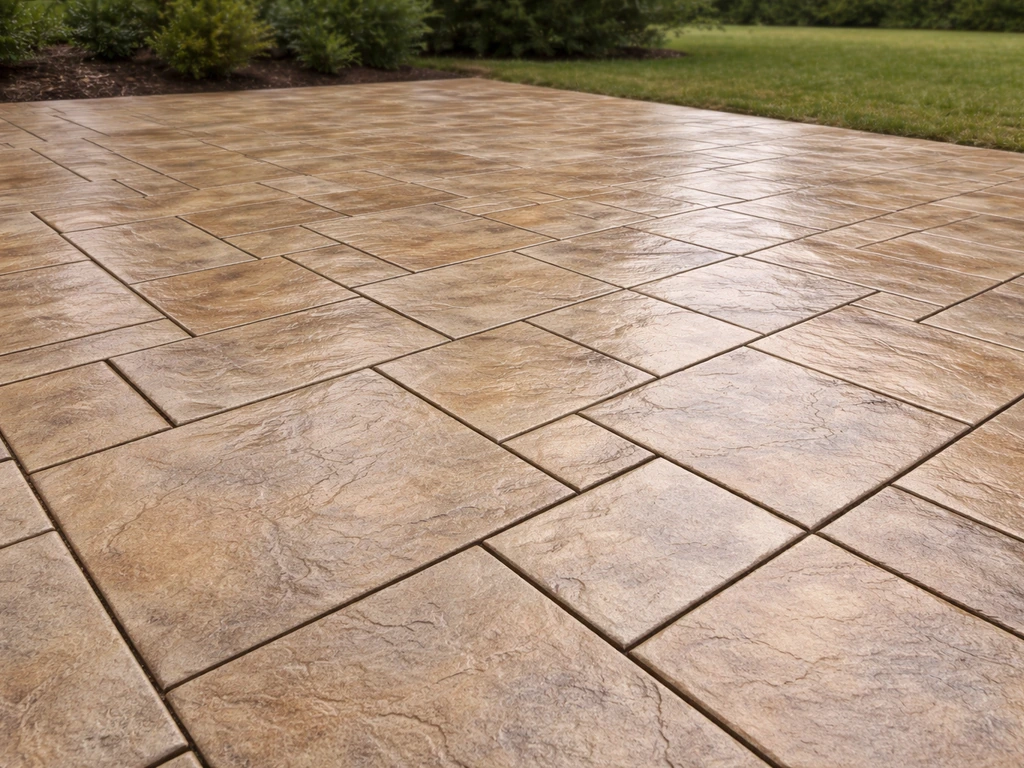 Clean, sealed stamped concrete patio with crisp texture and evenly enhanced color in natural light.