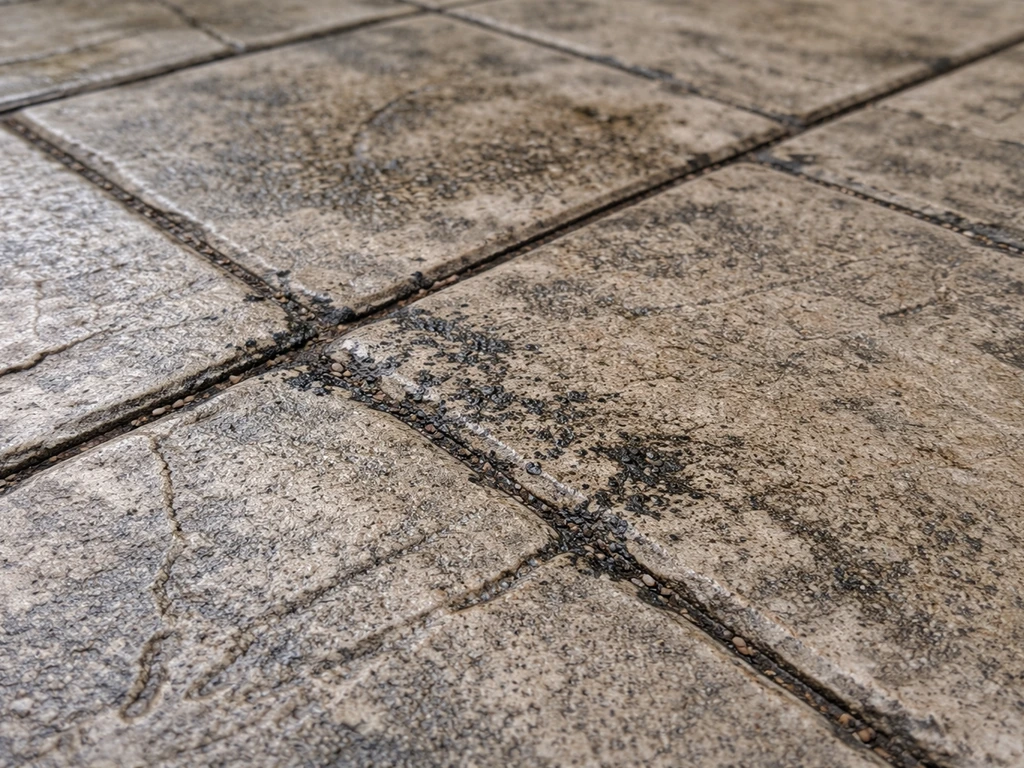 Close-up of stamped concrete patio showing grime, dark mildew spots, and worn texture during an inspection.