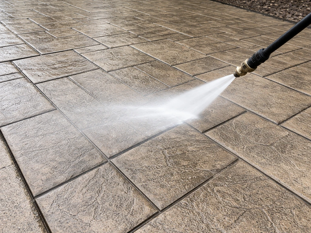 Low-pressure pressure washer with fan nozzle rinsing stamped concrete texture in a driveway