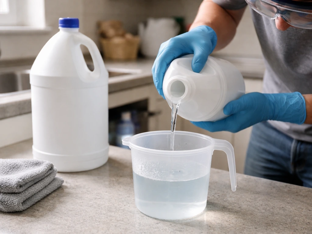 Person in gloves diluting bleach in water into a clean container near sink