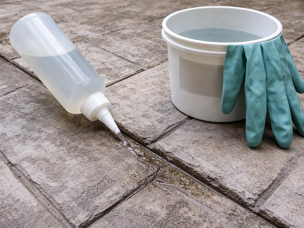 Clear liquid from an acid bottle applied to stamped concrete residue, with gloves and neutralization bucket nearby.