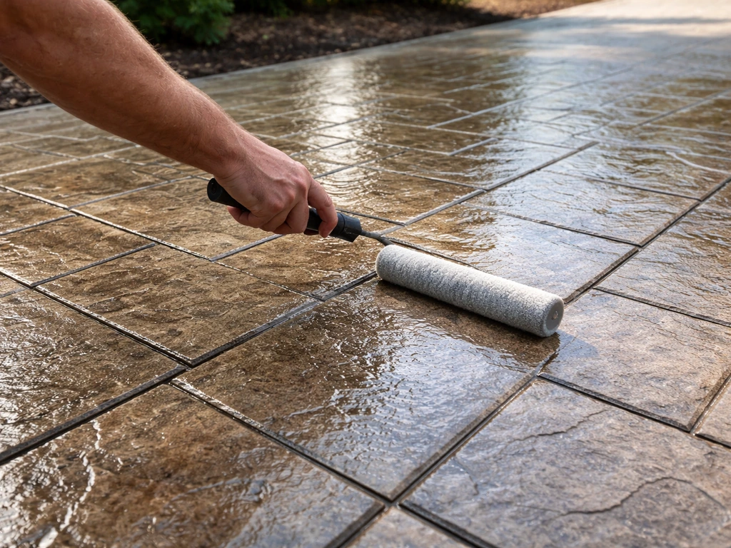 Hand using a roller to apply sealer evenly on stamped concrete, wet look and enhanced color.