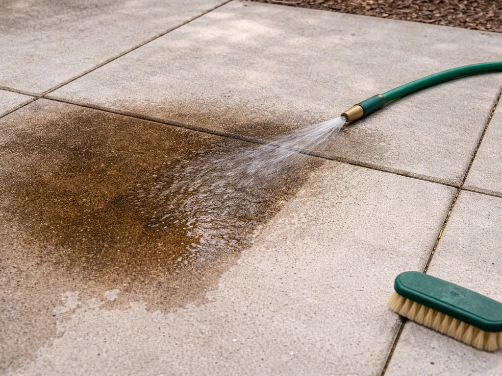 Patio slab with a dark wood stain beside a partially cleaned lighter section