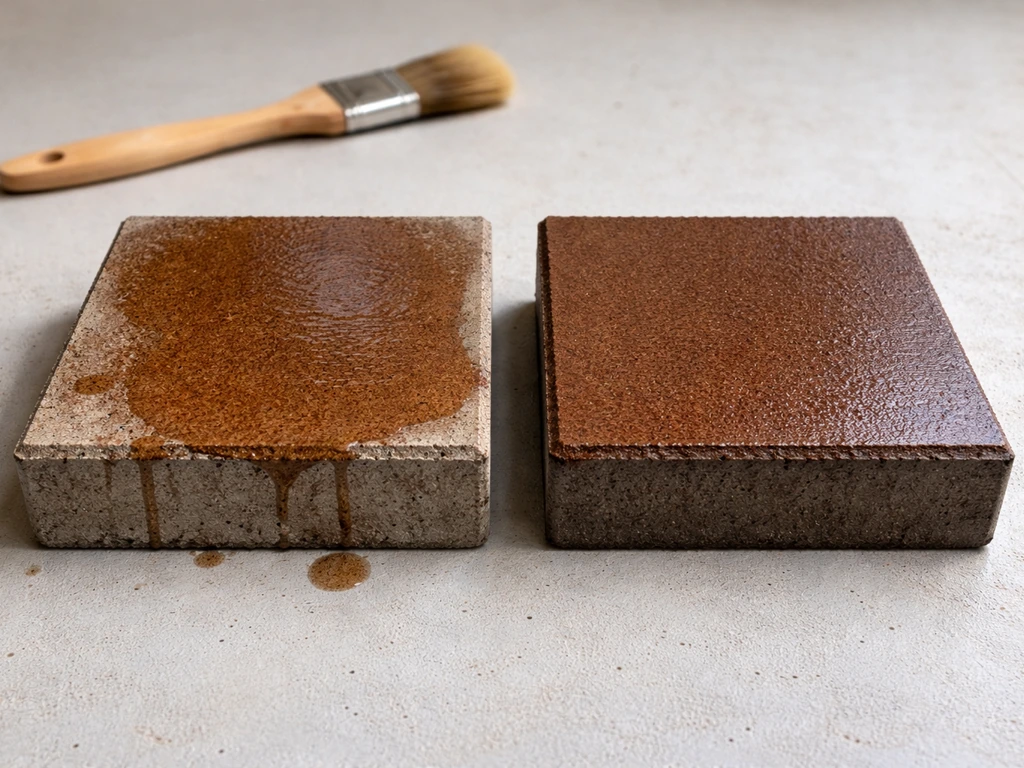 Two concrete pavers showing fresh wet vs cured darker wood stain, with sealed vs unsealed sheen differences.
