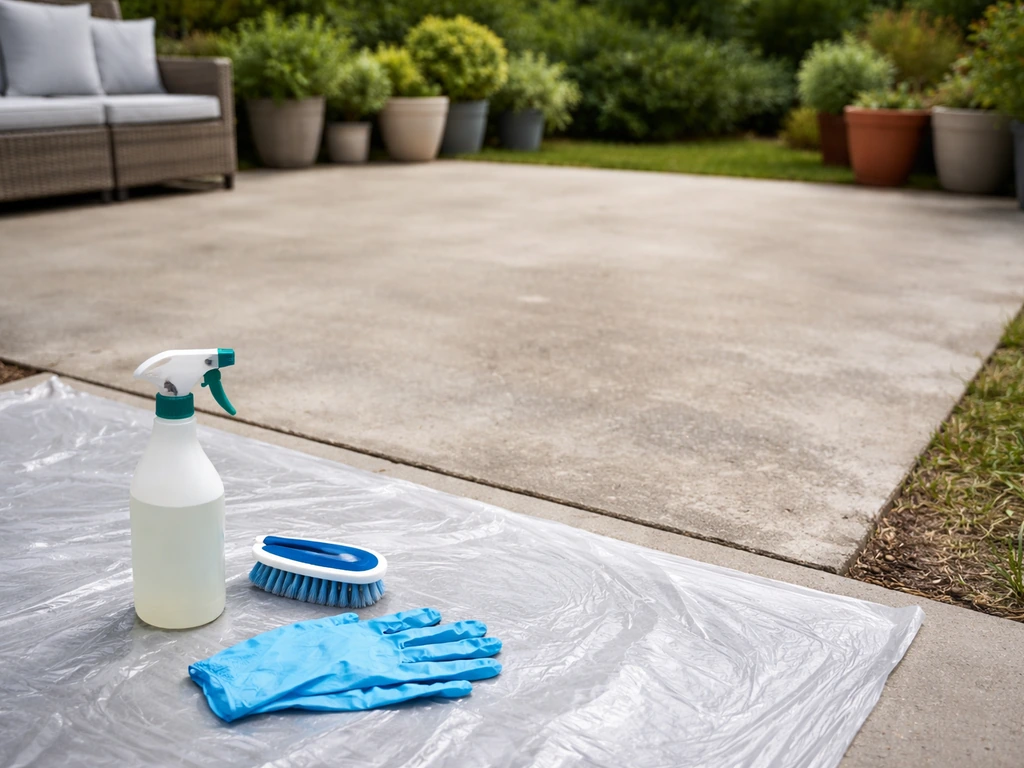 Clear concrete patio area for stain cleaning, with supplies and gloves staged nearby, pots moved aside.