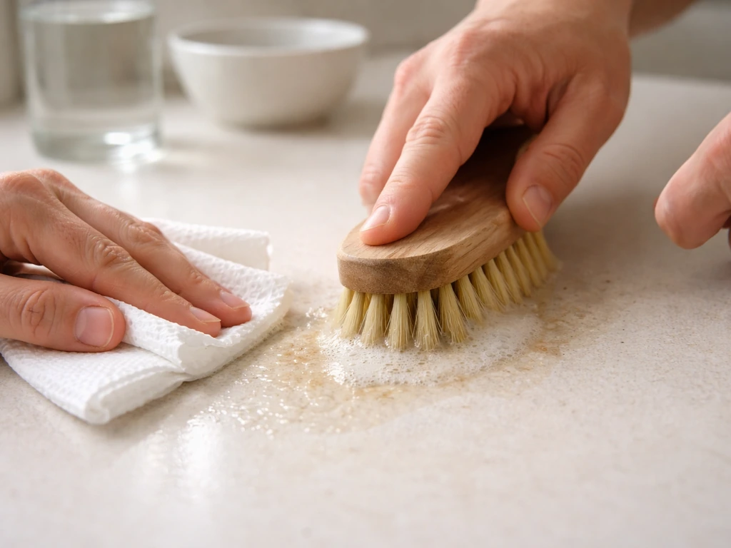 Close-up of hands blotting a fresh stain with paper towels and gentle scrubbing with a stiff brush.
