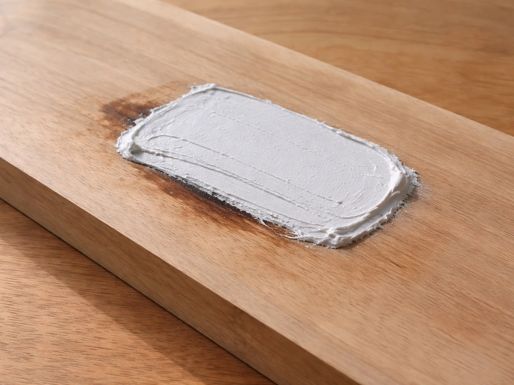 Thick poultice paste spread over an oily wood stain on an unsealed slab