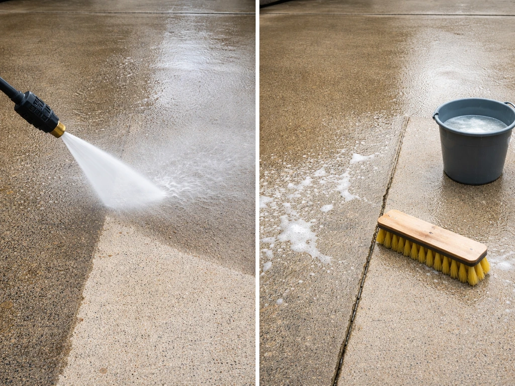 Pressure washer cleaning one concrete slab area while a stiff brush scrubs another, with wet runoff.
