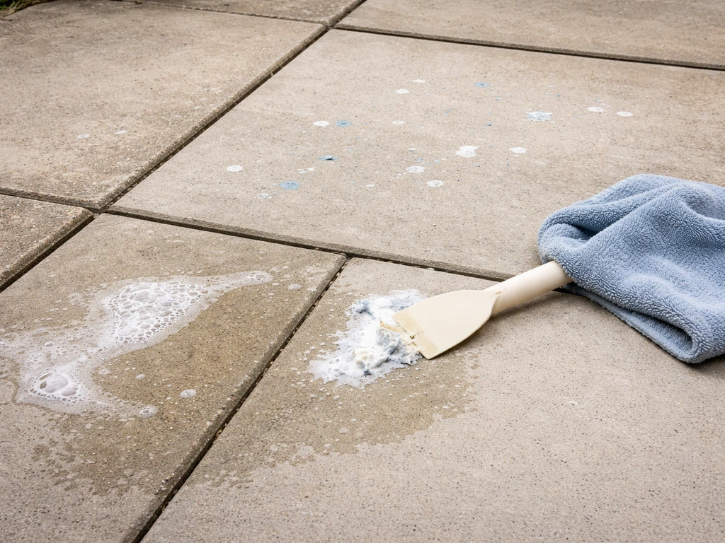 Patio concrete slabs with paint spots being scraped and wiped away, showing partially cleaned areas.