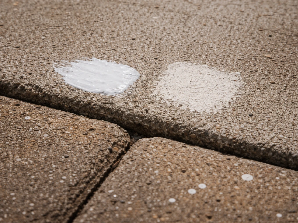 Close-up of patio material texture samples showing fresh vs dried paint on concrete and pavers.