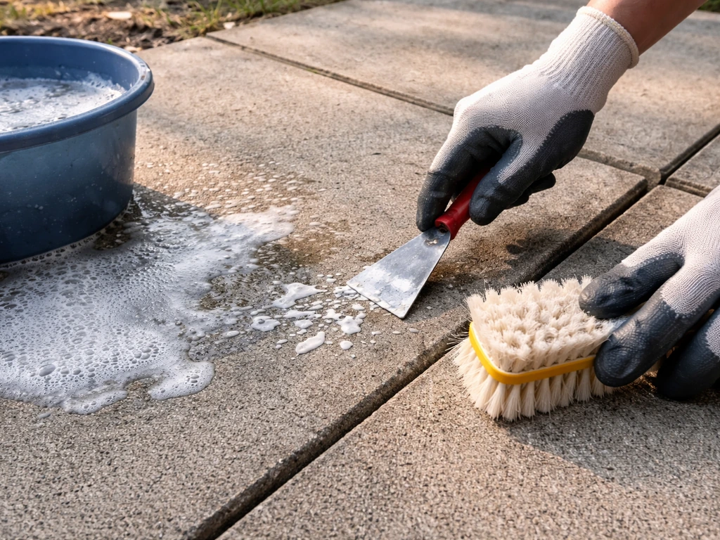 Gloved hands scraping partially set paint on a patio slab with a stiff nylon brush and hot soapy water.