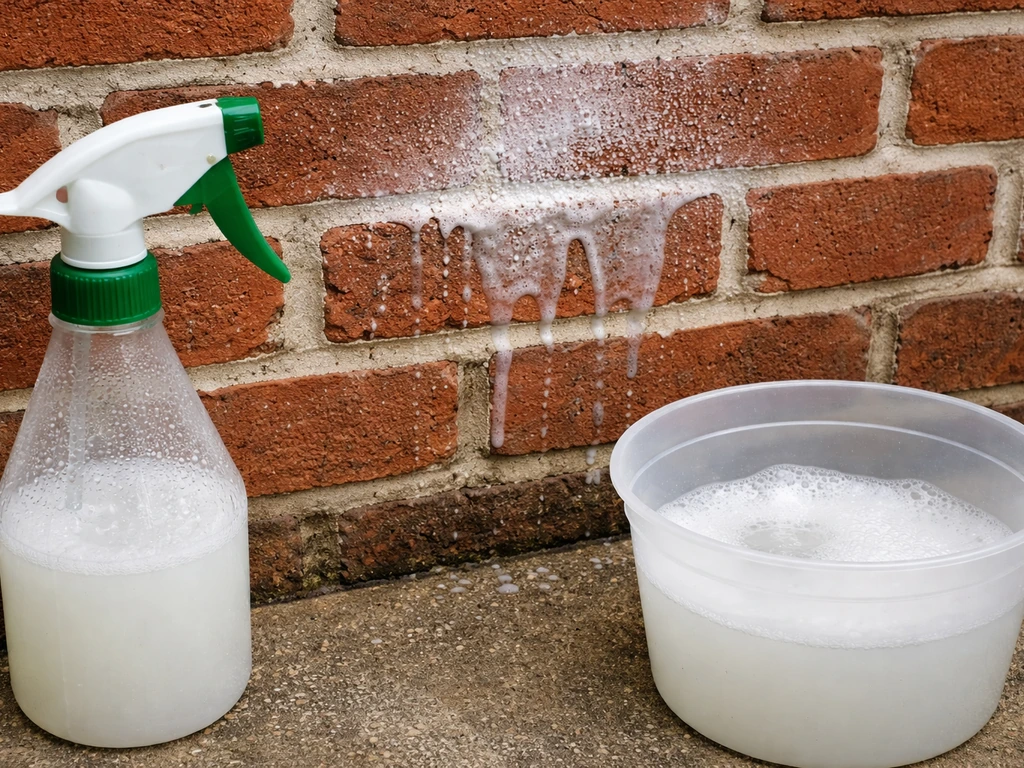 Sprayer and bucket with vinegar solution soaking fresh latex paint on brick, visible suds and wet surface