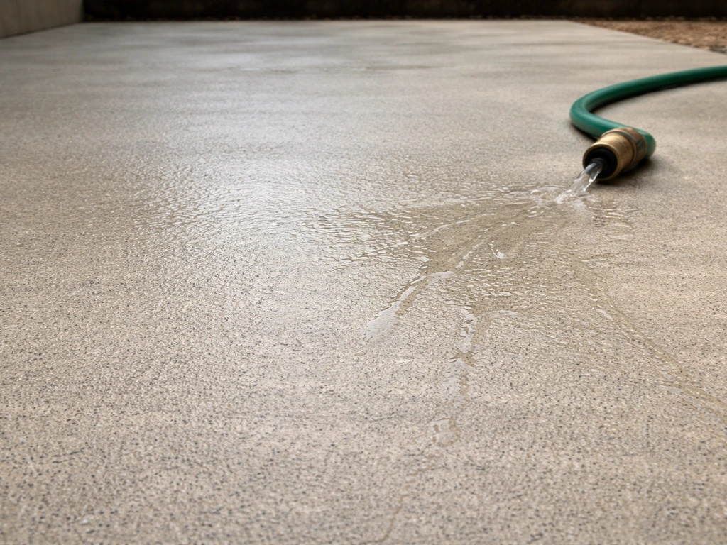 Close view of a rinsed, uniformly clean concrete patio slab surface with subtle wet texture.