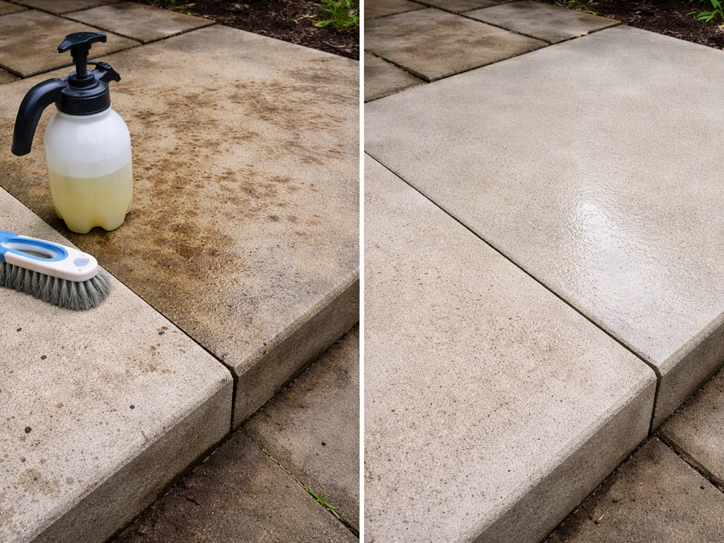 Concrete patio section with brown leaf-tannin stains being treated and cleaner concrete side-by-side