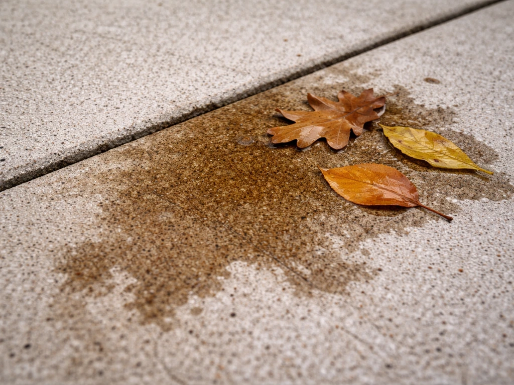 Brown tannin stains from wet leaves on a porous concrete patio with clean concrete nearby