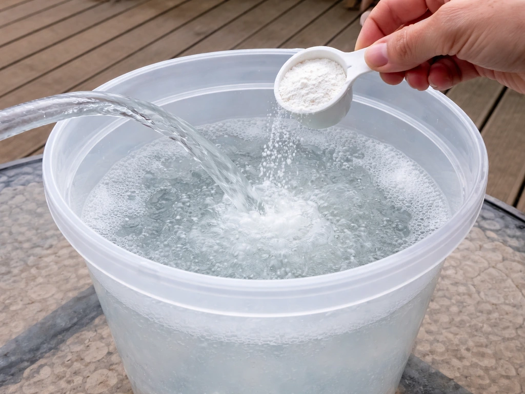 White oxygen bleach powder dissolving in warm water inside a bucket, forming cloudy suds.
