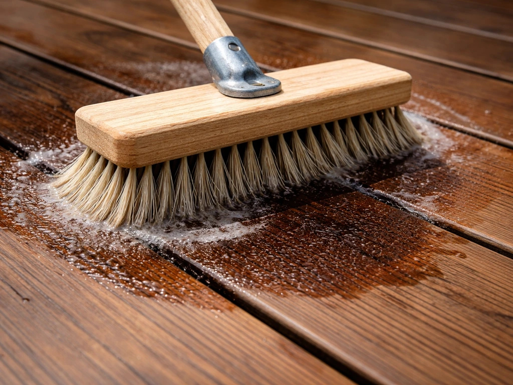 Close-up of a stiff deck brush scrubbing a stained area on a wooden deck, focusing on the stain edges.