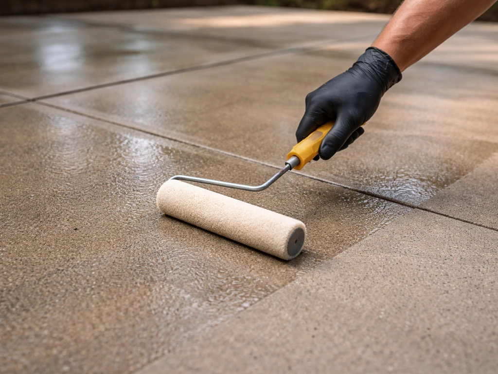 Gloved hand rolling a protective sealer onto a clean, dry concrete patio with subtle sheen