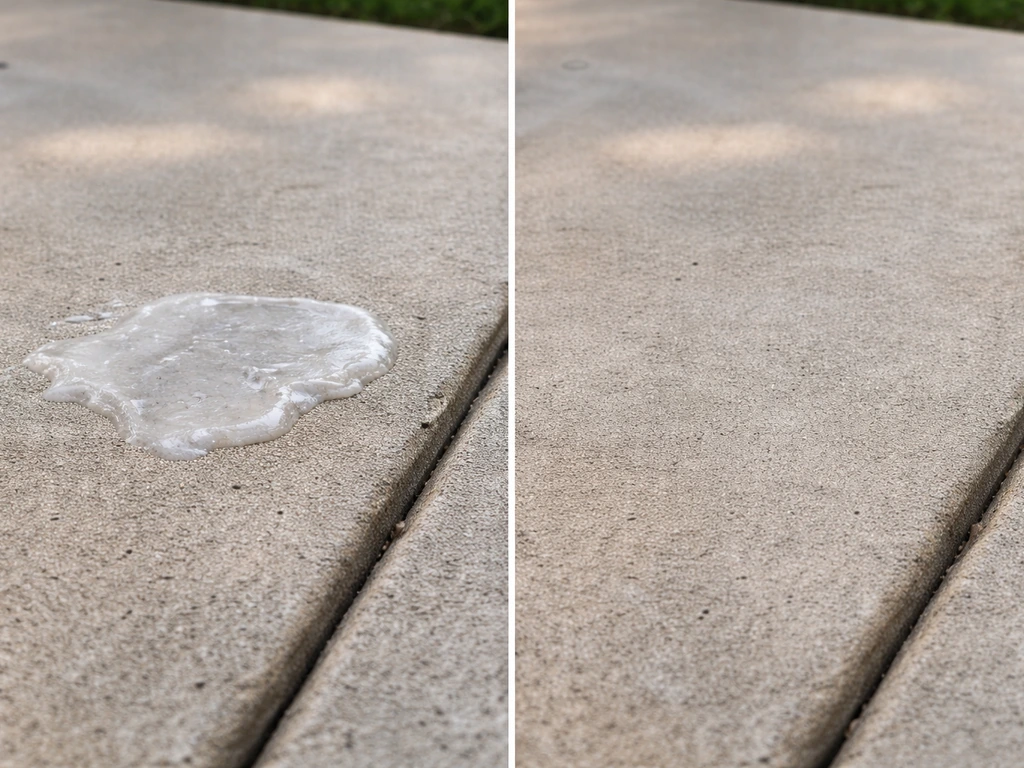 Concrete patio with a candle wax smear beside a freshly cleaned, wax-free section.