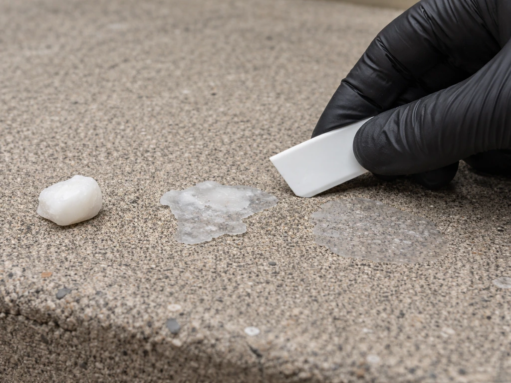 Close-up of concrete with three wax forms—chunk, hardened smear, and faint film—inspected with a small scraper.