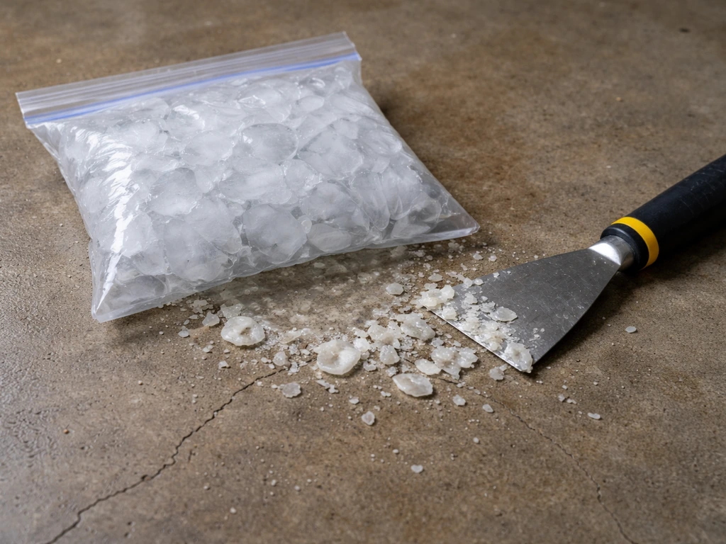 Zip-lock bag of ice pressed onto a concrete floor, with a scraper lifting brittle wax residue.