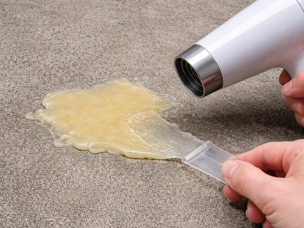 Hair dryer softly heating wax smear on concrete as a plastic scraper lifts softened wax.