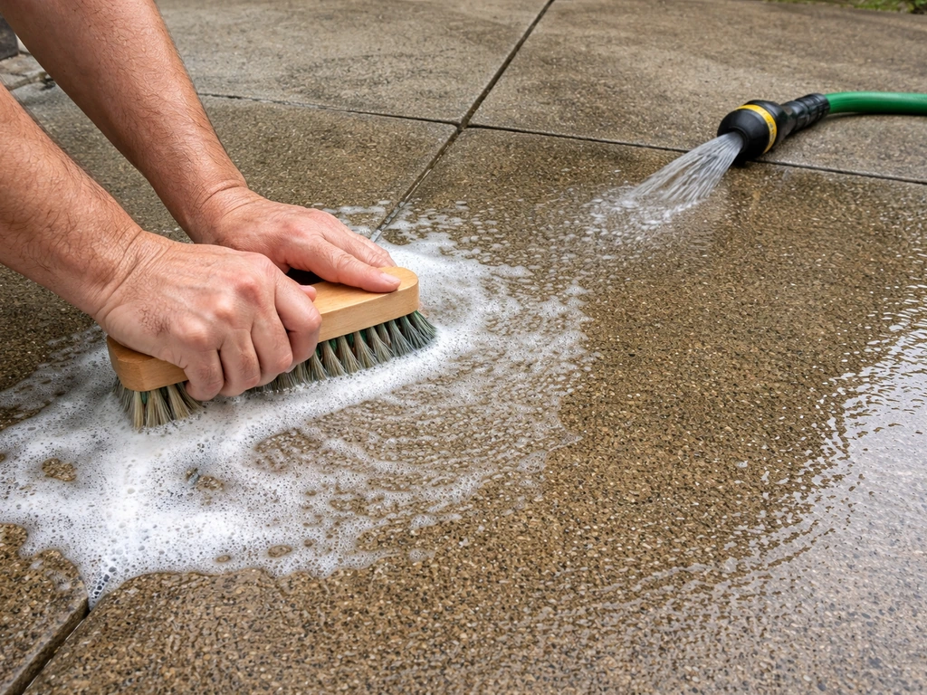 Person scrubbing a concrete surface with dish soap and a stiff-bristle brush, then rinsing it clean.