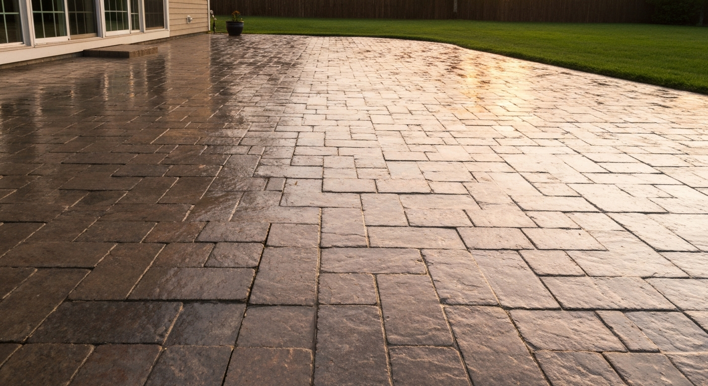 Wide-angle photo of a glossy, freshly sealed patio with wet-look pavers reflecting warm light.