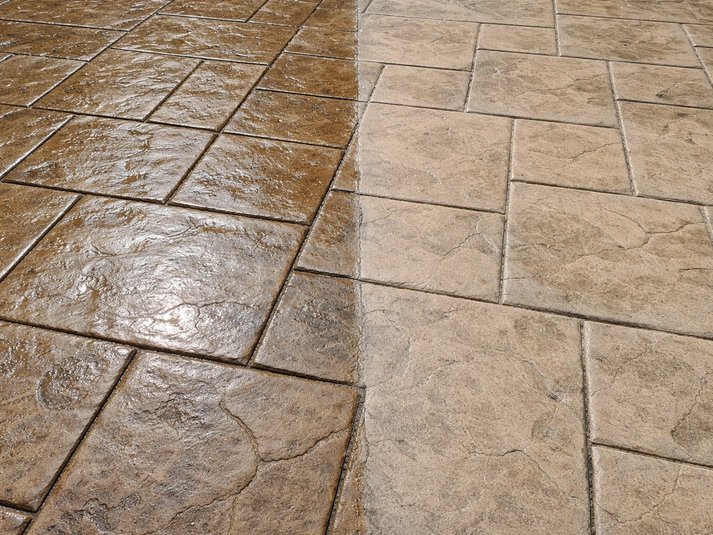 Close-up of stamped concrete patio showing clear contrast between stripped clear-coated areas and textured clean concret