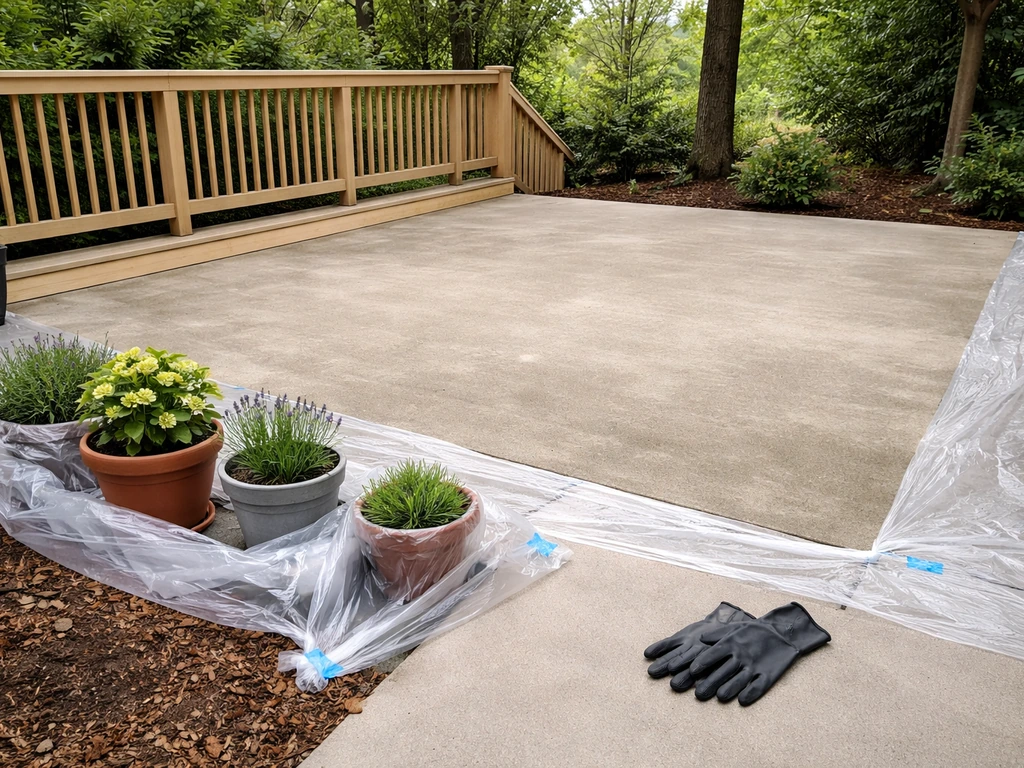 Empty patio with furniture moved away and plastic sheeting laid down to protect plants and wood.