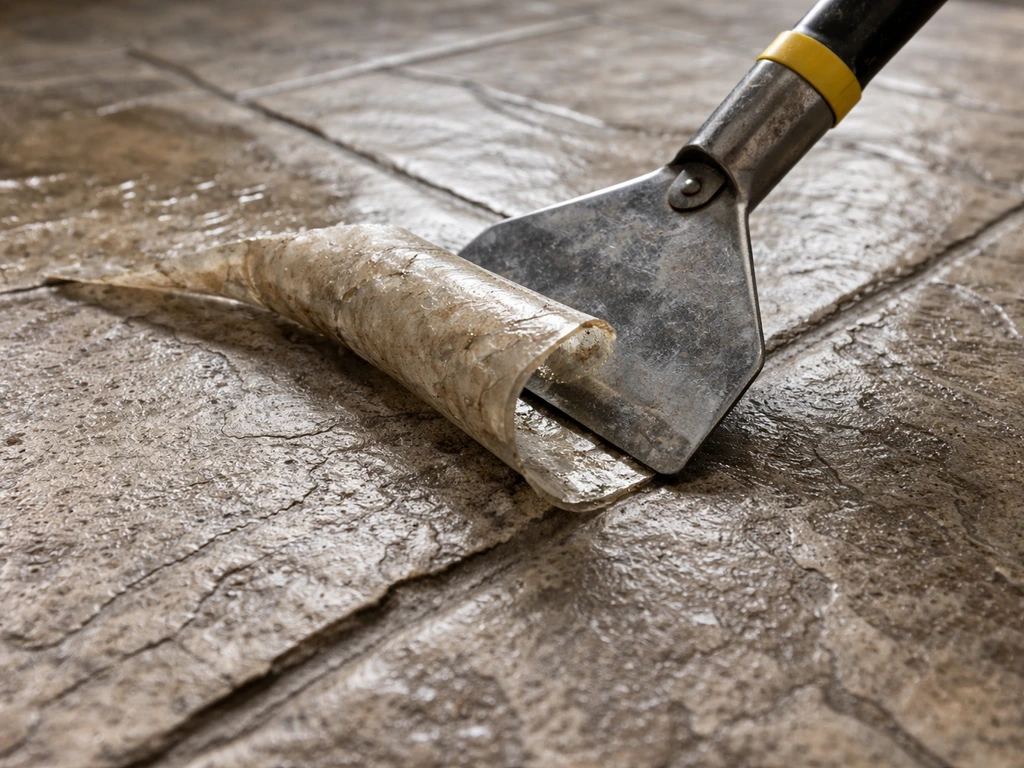 Close-up of a floor scraper lifting thick peeling sealer off raised stamped concrete texture.