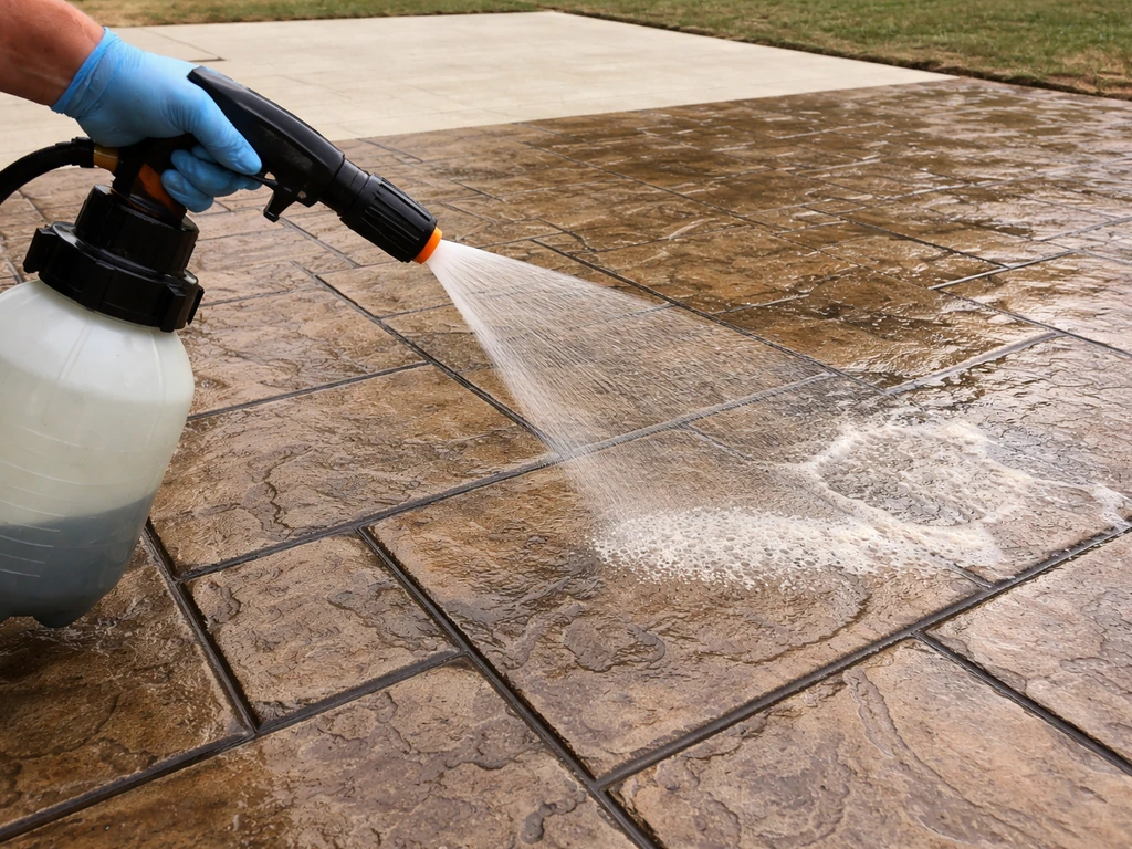 Gloved hand uses a pump sprayer to coat stamped concrete with thick sealer stripper in the grooves.