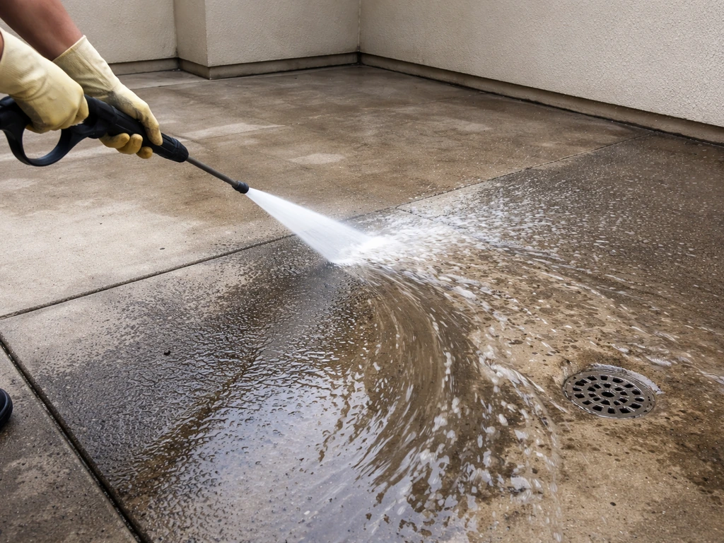 Gloved hands pressure-washing a concrete patio, rinsing off dark stripper slurry residue runoff.