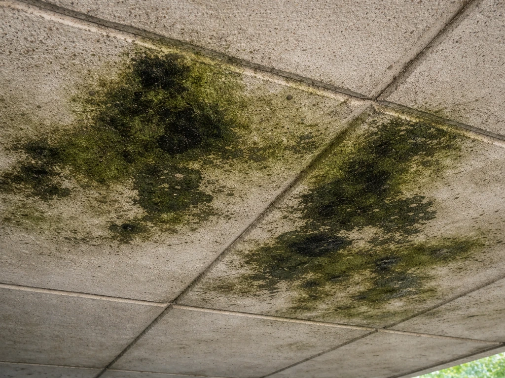 Close-up of green and black organic staining on bare stamped concrete underside ready for treatment.