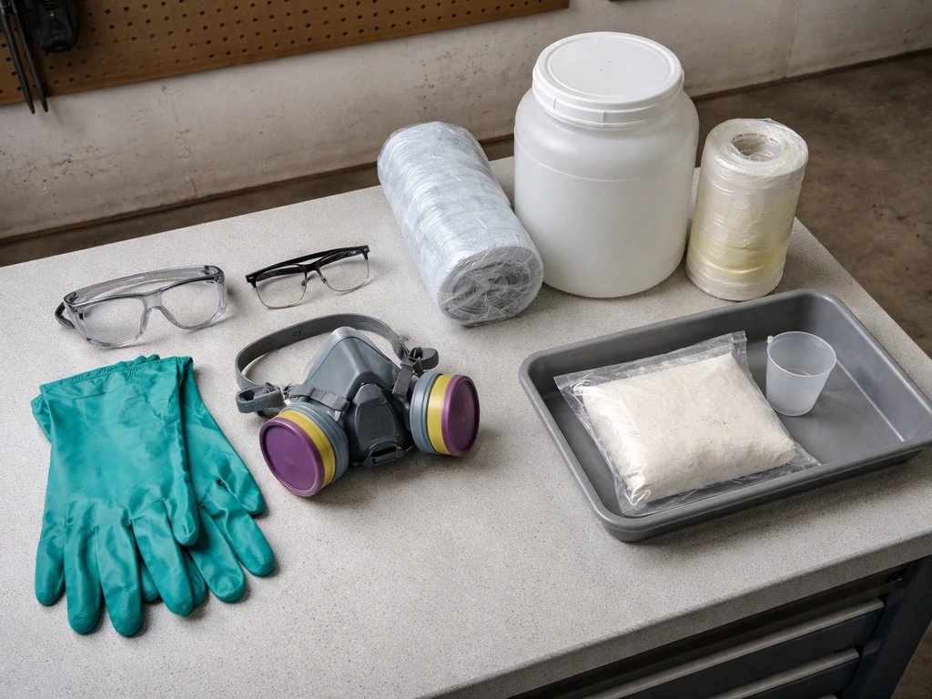 Minimal PPE and chemical disposal items laid out on a workbench for safe concrete sealer stripping.