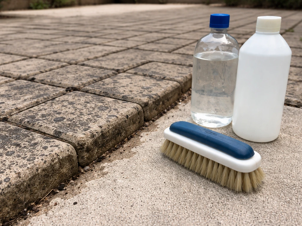 Close-up of patio bricks with black spots, with a scrub brush and unlabeled cleaning bottles nearby.