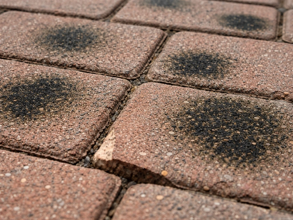 Close-up of dark black and dark-green spots on a brick patio with visible texture variation.