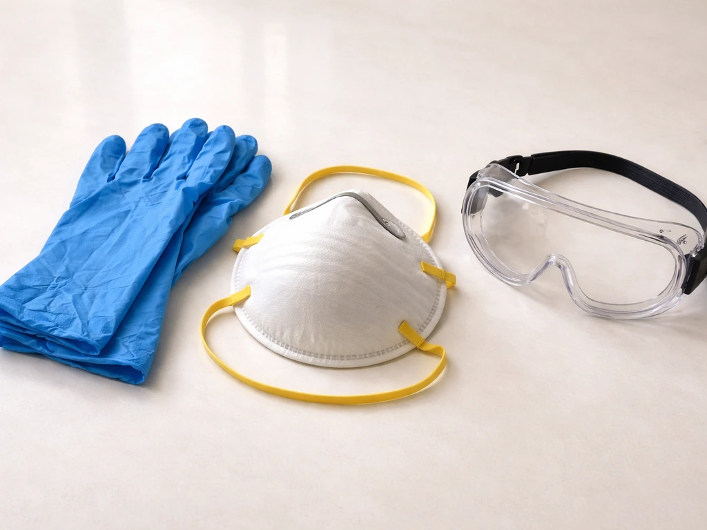 Close-up of nitrile gloves, safety goggles, and an N95 respirator laid out for mold cleaning protection.