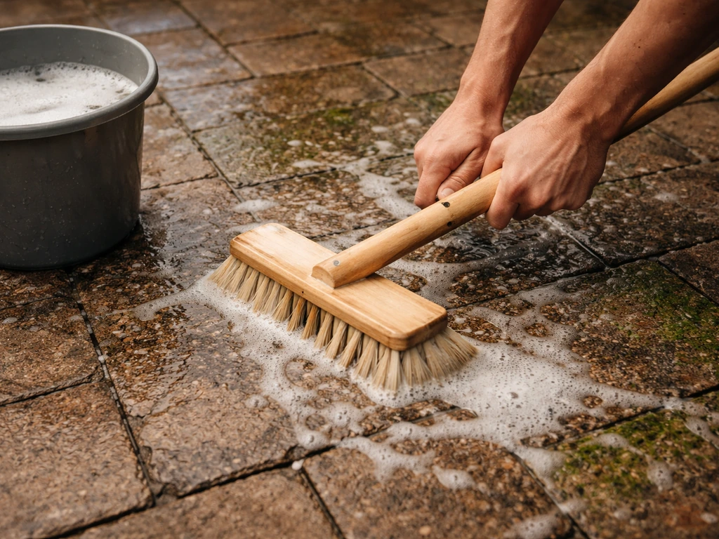 Anonymous hands brushing warm soapy cleaner onto lightly grimy brick to lift early algae.